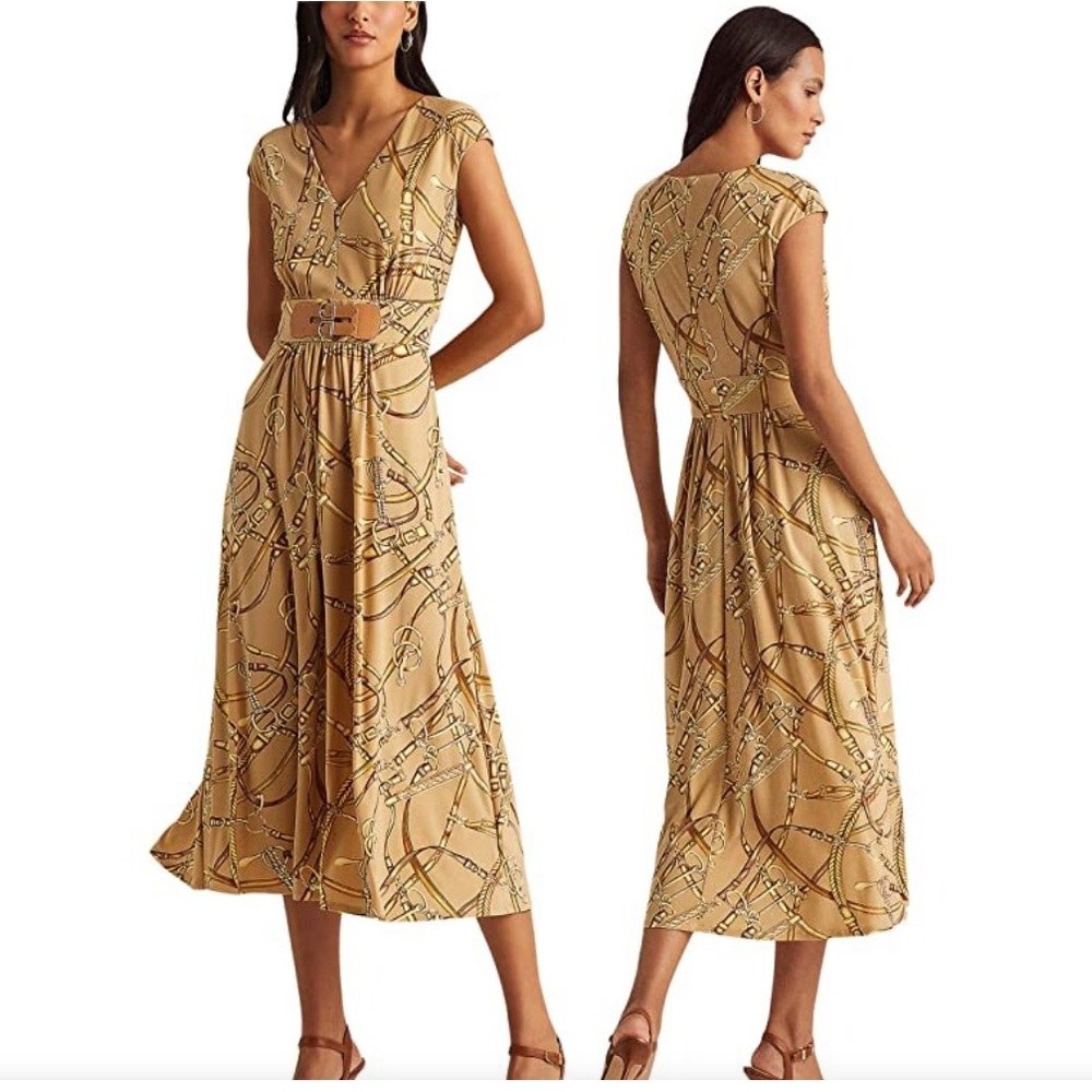 Lauren Ralph Lauren Tan Patterned Belted Midi Dress